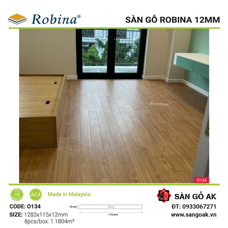 Sàn Gỗ Công Nghiệp Malaysia Robina 12mm O134 Bản Nhỏ